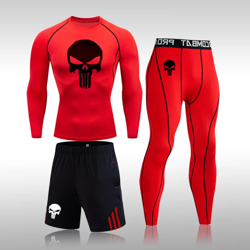 

Костюм спортивный мужской из 3 предметов, тактическое зимнее термобелье для смешанных боевых искусств, с принтом черепа рашгарда, Компресси...