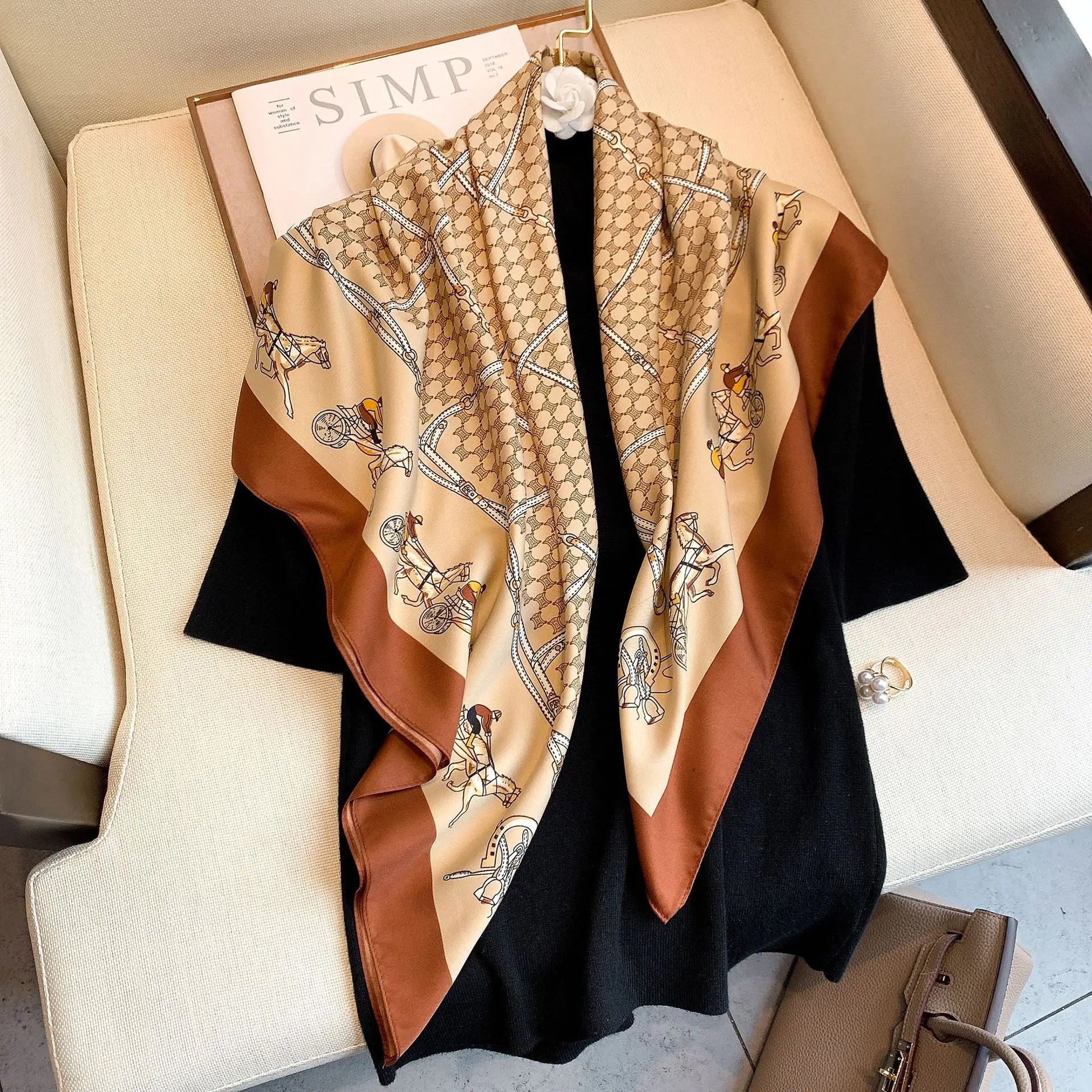 

2021 autumn winter new exquisite printed twill knitted down square scarf designer horse print brocade knitted scarf long shawl