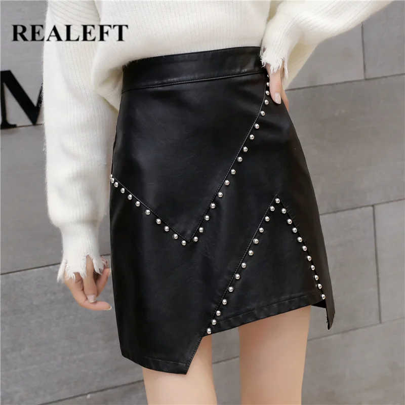 

REALEFT New 2021 PU Leather A-Line Skirts Autumn Winter Vintage Rivet Office Wrap Skirts High Waist Sexy Mini Skirts Female