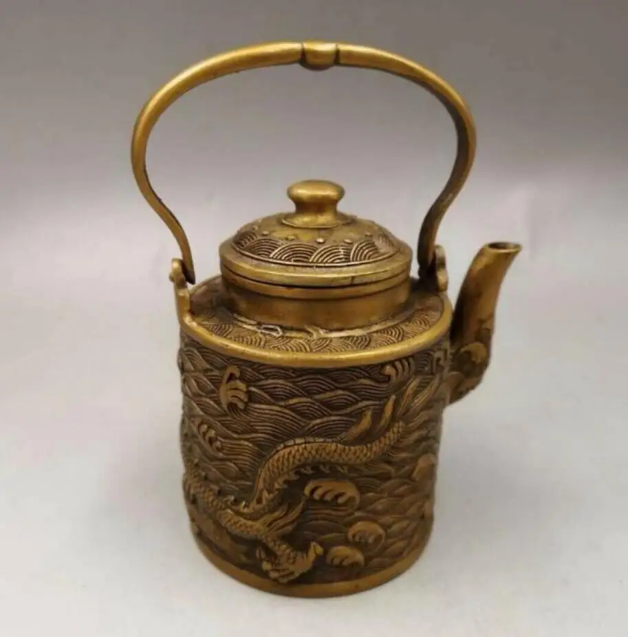 Copper Statue Chinese Antique Old copper hand-made wealth lucky Dragon teapot flagon | Statues & Sculptures