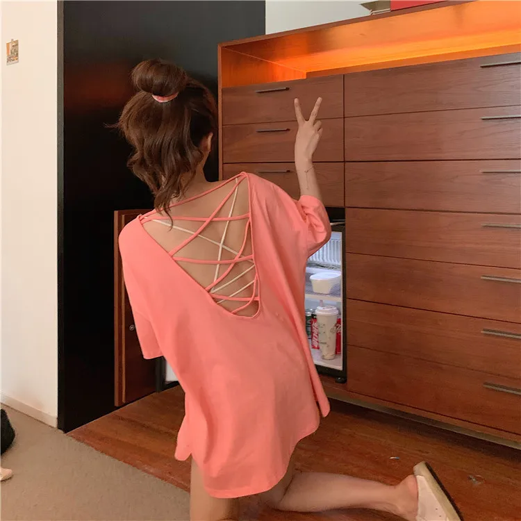 Футболка женская с вырезами пикантный Свободный Топ из хлопка коротким рукавом