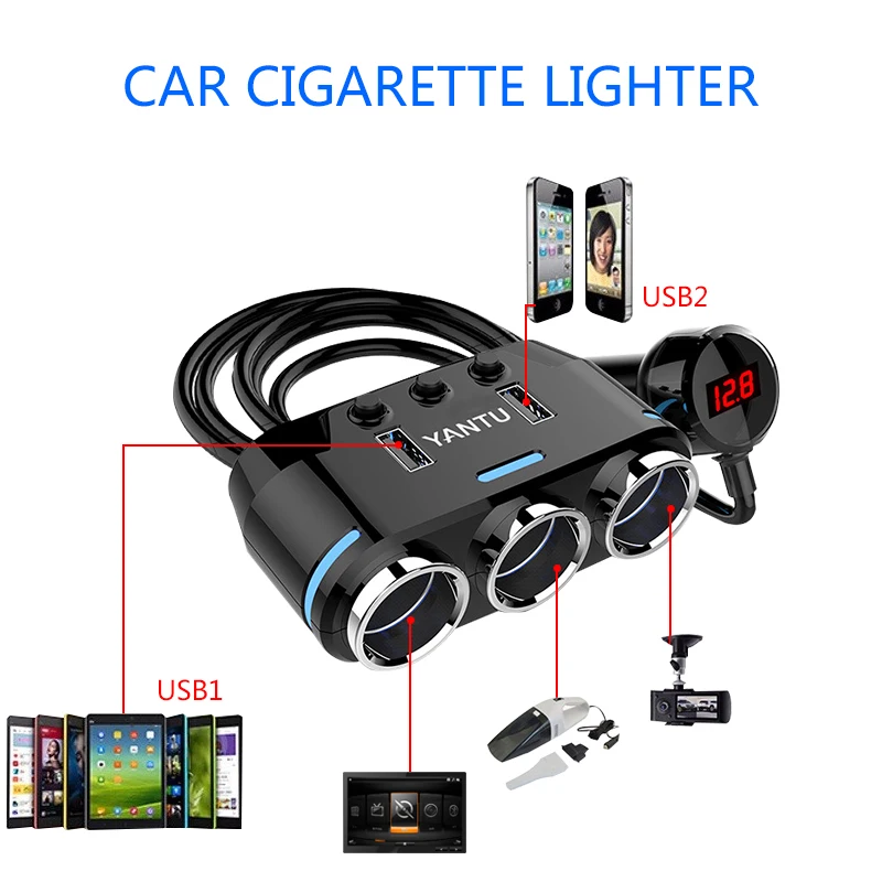 Двойное USB Автомобильное зарядное устройство 3 Way розетка для автомобильного прикуривателя Разветвитель зарядное устройство DC 12~ 24 В прикуриватель розетка светодиодный дисплей напряжения