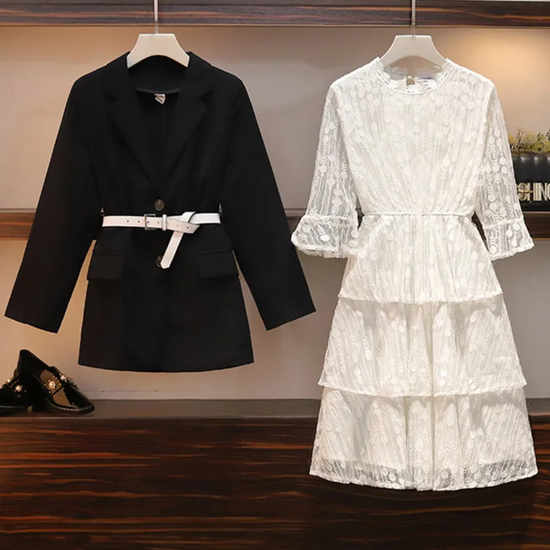 Black черный блейзер кружевное платье Женский комплект из двух частей 2019 Осень