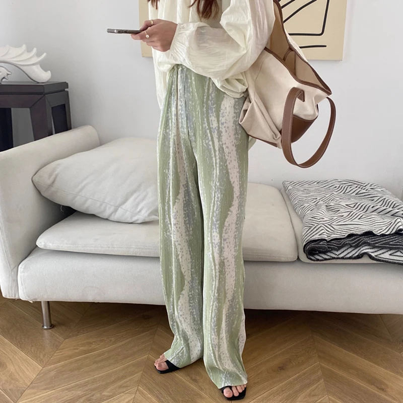 SHENGPALAE 2020 Summer New Rendered Color Stripe Pleated High Waist Was Thin Wide-leg Pants Trendy Women's Trousers QV1009 | Женская