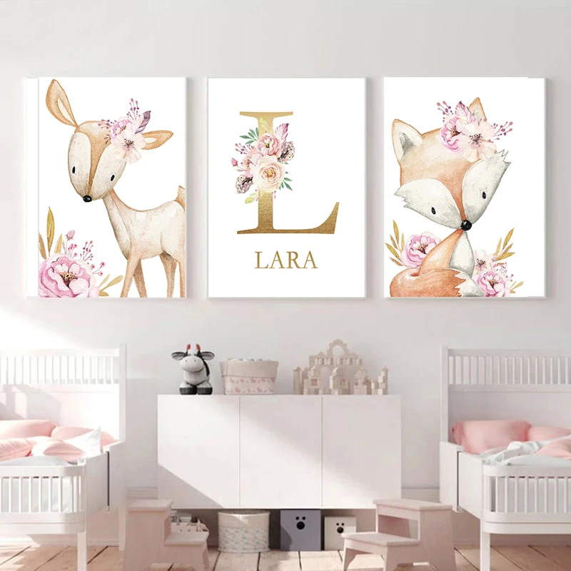 

Скандинавская картина с лесными животными, детская картина с именем на заказ, холст, Настенная картина, печать, цветок, декорирование детско...