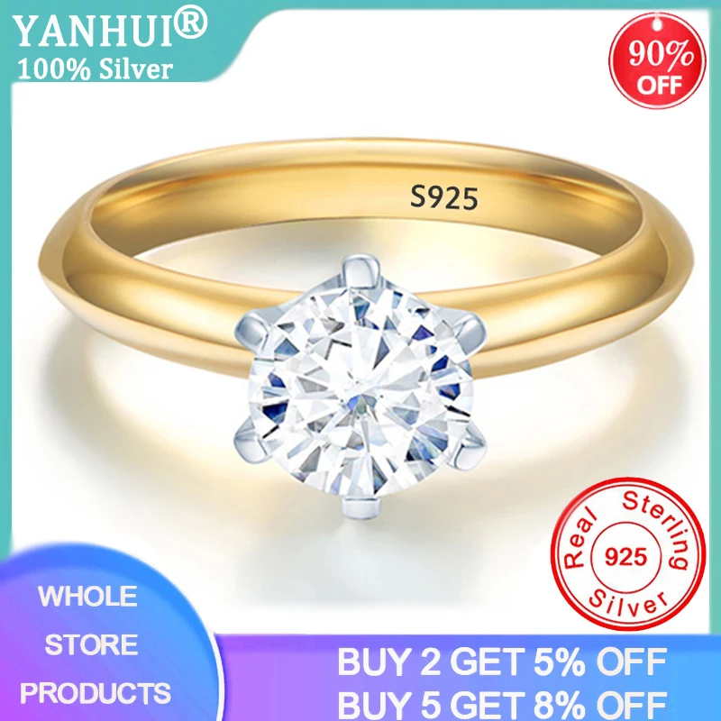 YANHUI 100% Оригинальные 925 Твердые серебряные кольца изысканный золотой цвет 5 мм