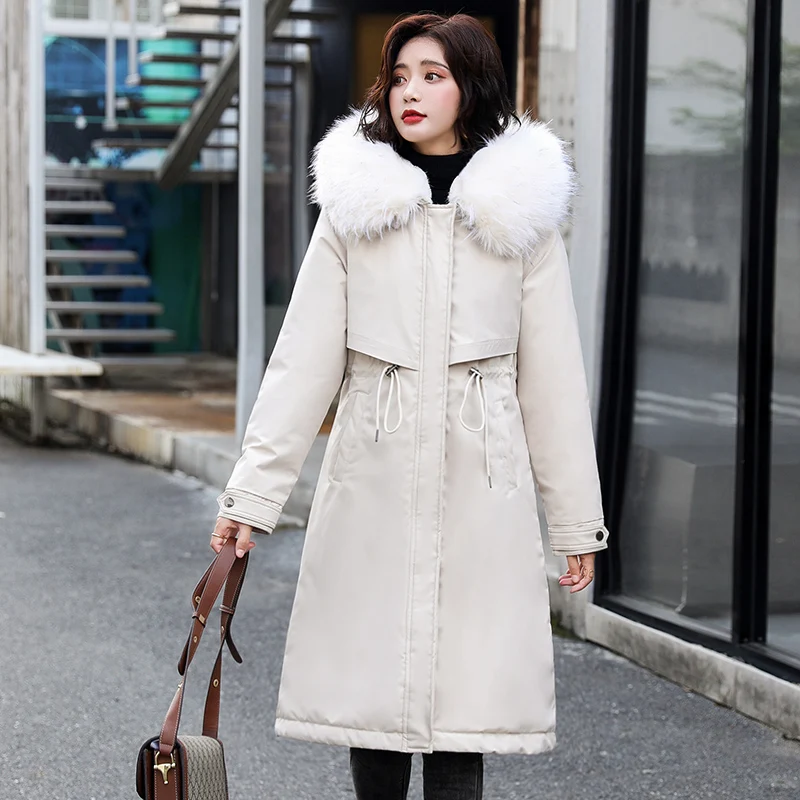 

Women Elegant Winter Lining Thick Warm Parkas Ladies Big Fur Collar Hooded Long Jacket Cotton Coat Female Windproof Outerwear
