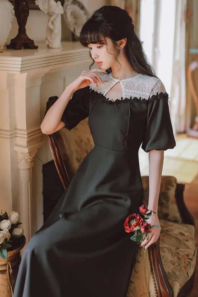 

COIGARSAM Patchwork Women dress Lace Dresses Black 1377