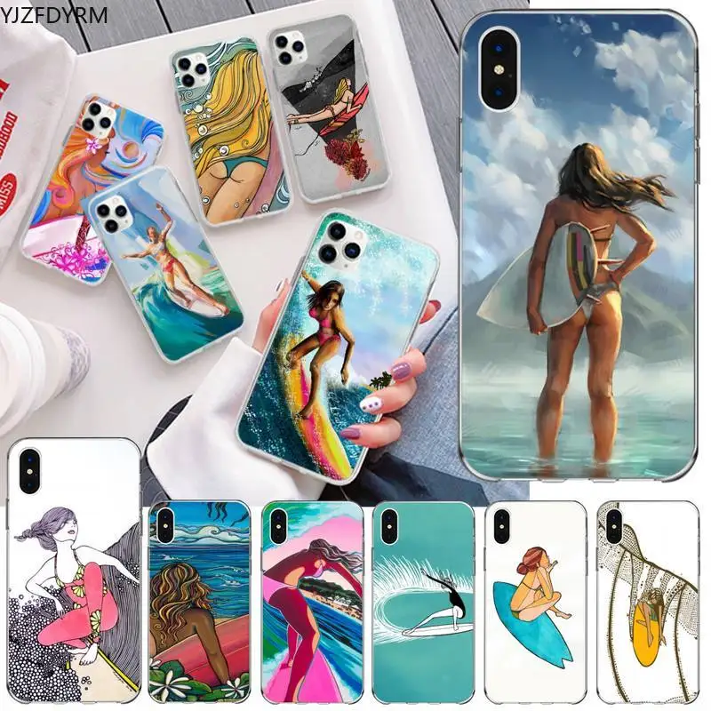 YJZFDYRM серфинг искусство Девушка Мягкий чехол для телефона Capa iphone 12 pro max 11 XS MAX 8 7 6 6S