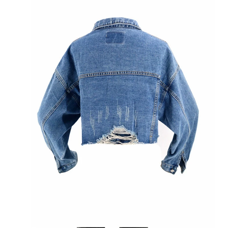 

Casual Single Breasted Denim Jacket Ripped Faded Wash Stitch Detail Jeans Jacket Women Blue Loose Ladies Korean Jacket Autumn