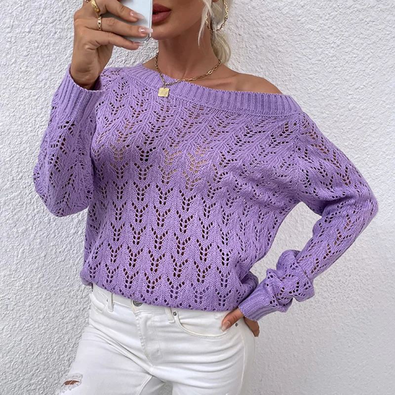 

Fashion Women Sweater Autumn Casual Hot Sale Round Neck Pullover Solid Color Hollow Loose Plus Size Knitted Sweater