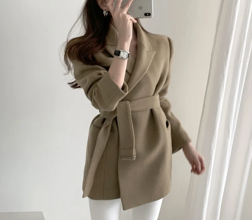 

Woolen Overcoat Cottton Liner Cardigan Outerwear Women Autumn Winter Wool Blazer Coat Jacket Belt