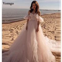 verngo light pink off the shoulder a line tulle wedding dresses leaves lace sleeves chapel long train beach garden bridal gown