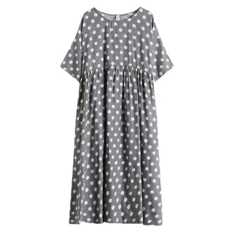 

Short Sleeve Black Cotton Polka Dot Dresses For Women New Casual Loose Summer Long Dress Elegant Vintage Clothing 2021