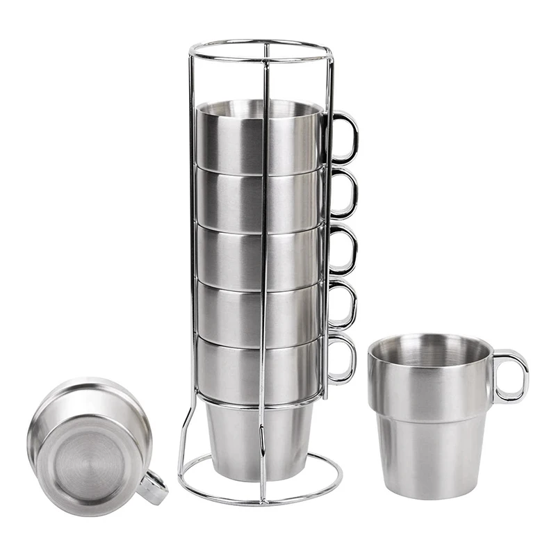 Штабелируемые кофейные чашки для эспрессо из нержавеющей стали с подстаканником