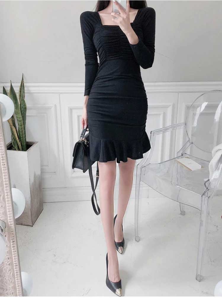 High quality Elegant 2019 Fall Irregular Autumn Winter Women Fish Ruffle Dresses Sexy Hip Packed Long Sleeve Slim Mini Dress | Женская