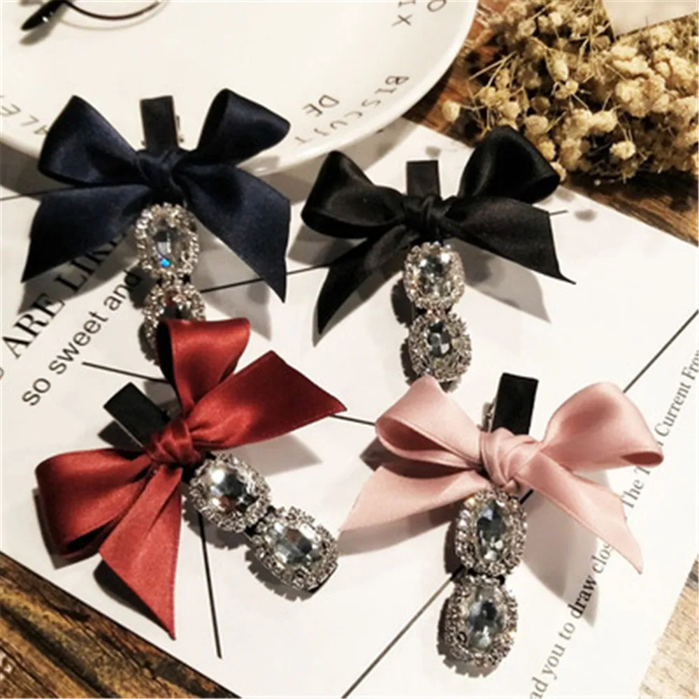 

Autumn And Winter Korea Beautiful Rhinestone Side Clip Bow Zircon Handmade Duckbill Clip Classic Hair Accessories Headdress