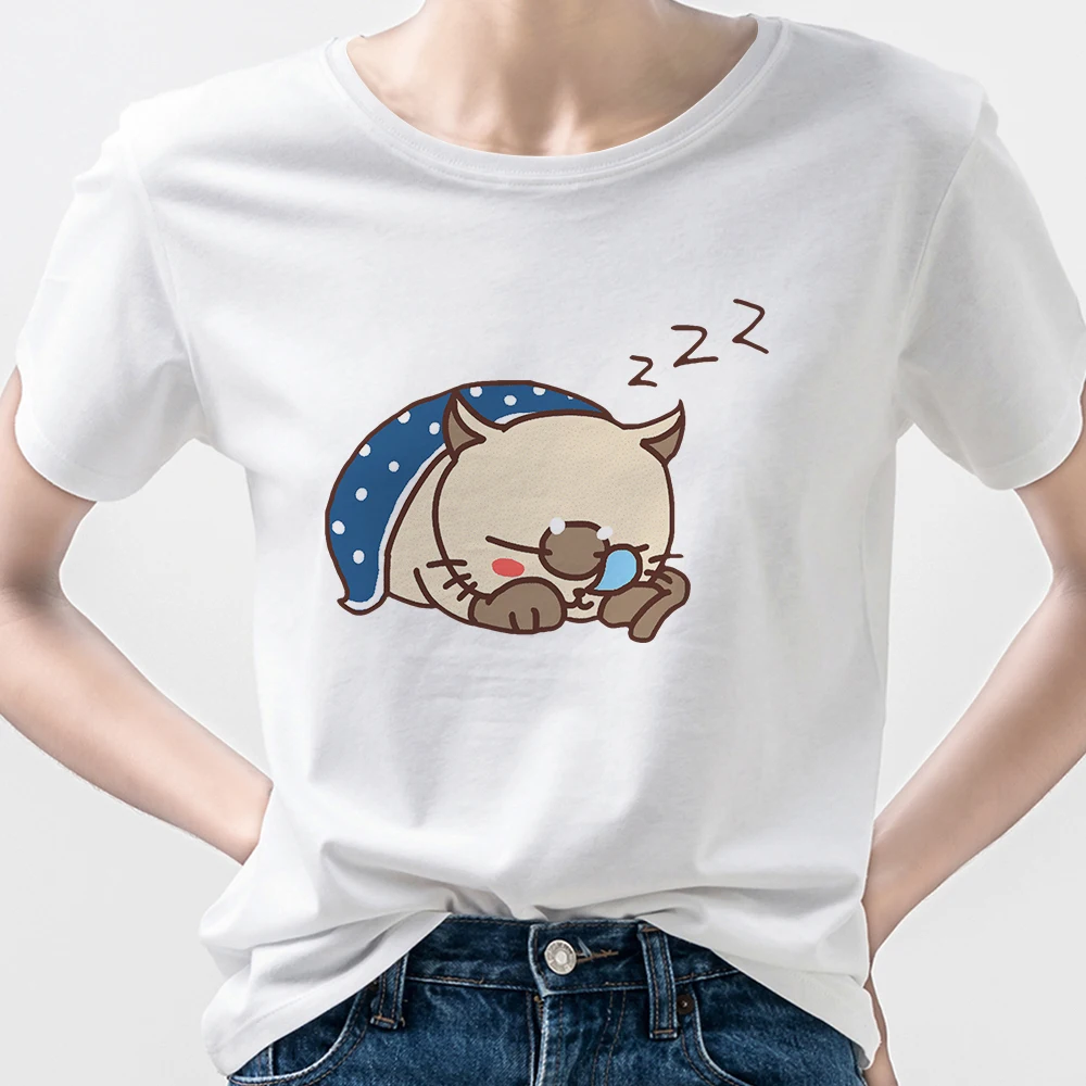 

Lazy Cat Print Woman Shirt Funny Family Look Ulzzang Fashion Short Sleeve White Harajuku Germany 2021 Plus Size Crewneck Tshirt