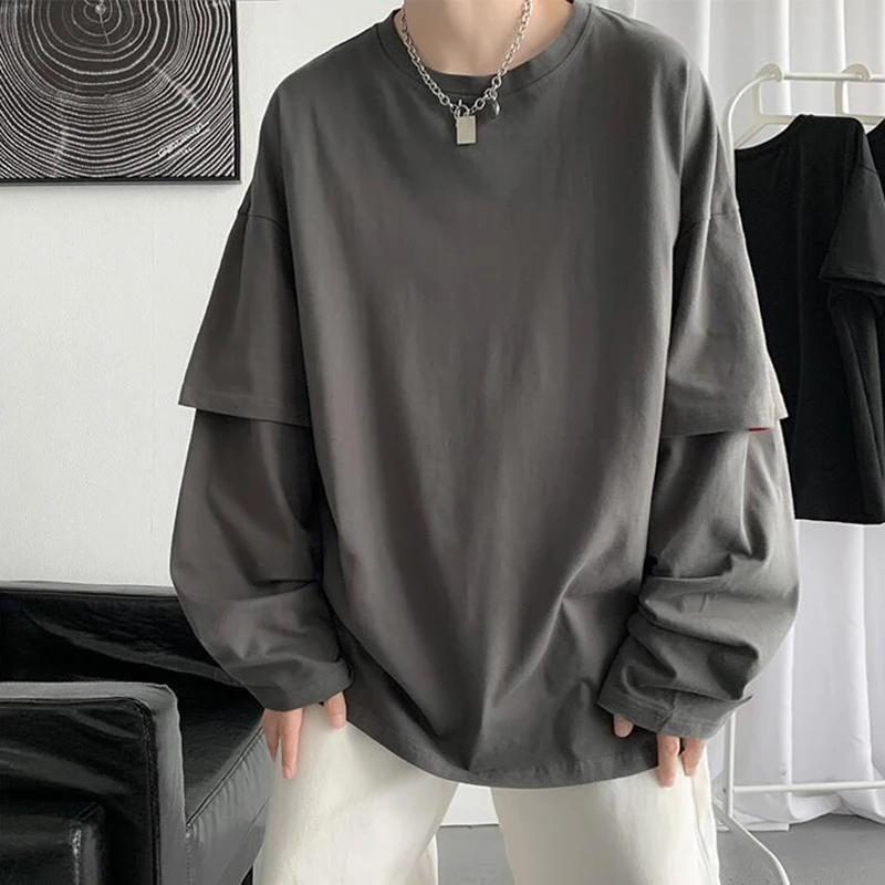 Футболка мужская оверсайз с длинным рукавом модная рубашка имитацией двух