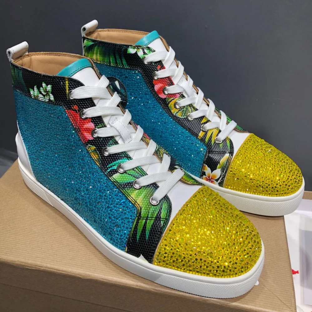 

Luxury Two Color Shiny Rhinestones High Top Red Bottom Men Shoes Flowers Real Leather Women Casual Flats Shoes Loafers Sneakers