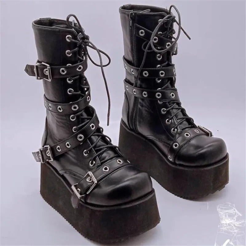 

2021 motorcycle women's boots winter large size black high-heeled wedge heel women's lace-up platform women's boots ankle boots