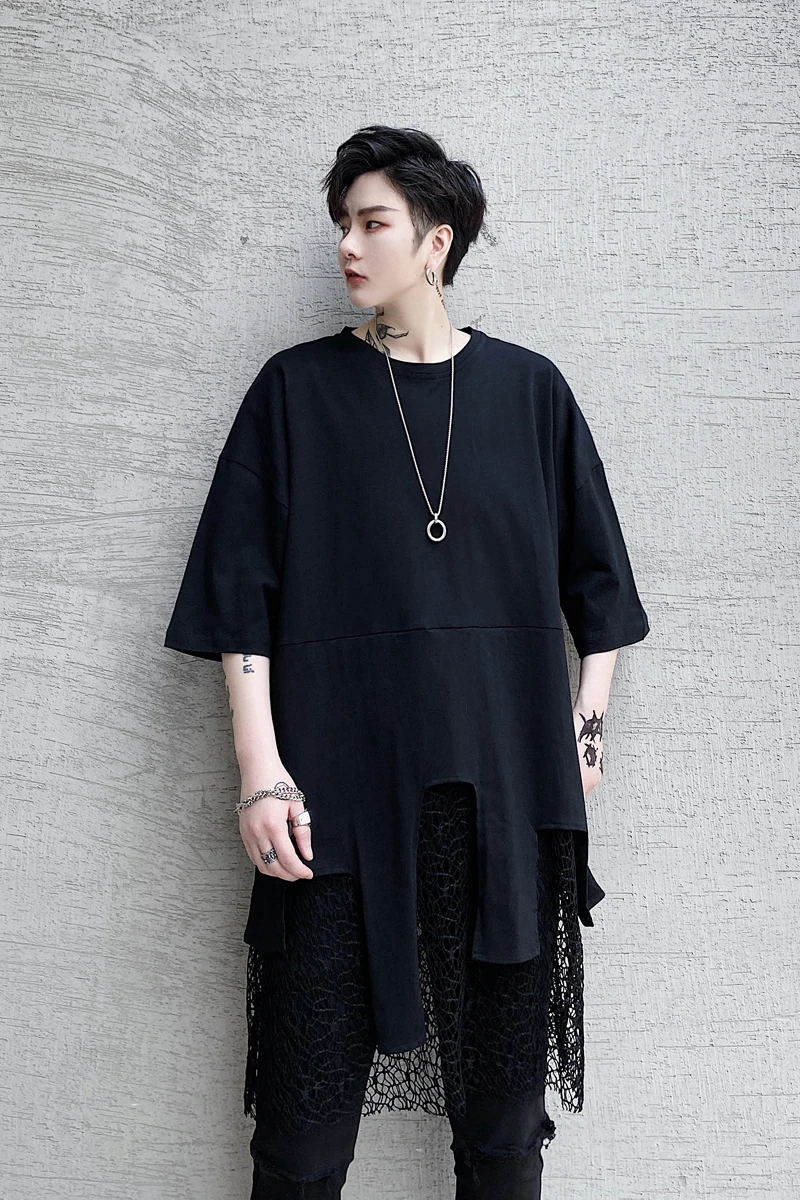 

Men Mesh Splice Hem Streetwear Fashion Casual Short Sleeve T-shirt Male Women Unisex Hip Hop Gothic Dress Tees Shirts
