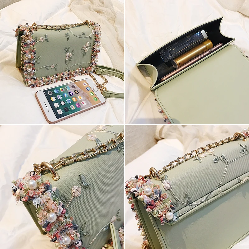 

Lace Flowers Women bag 2021 New handbag High quality PU Leather Sweet Girl Square bag Flower Pearl Chain Shoulder Messenger Bag