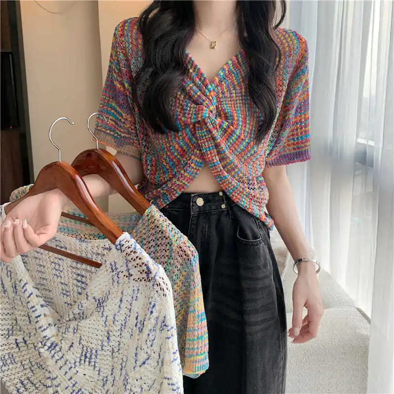 

QNPQYX New Summer Knitted Crop Top T Shirt Cross Tie Dye Print Korean Fashion V Neck T-shirt Streetwear High Waist Tops Women