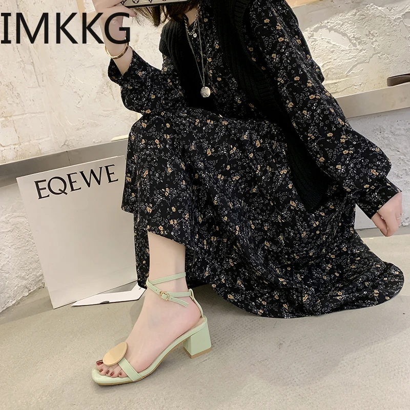 2020 square Heels Women Sandals Summer Shoes Open Toe High metal decoration sandals solid sandals|Боссоножки и сандалии| |