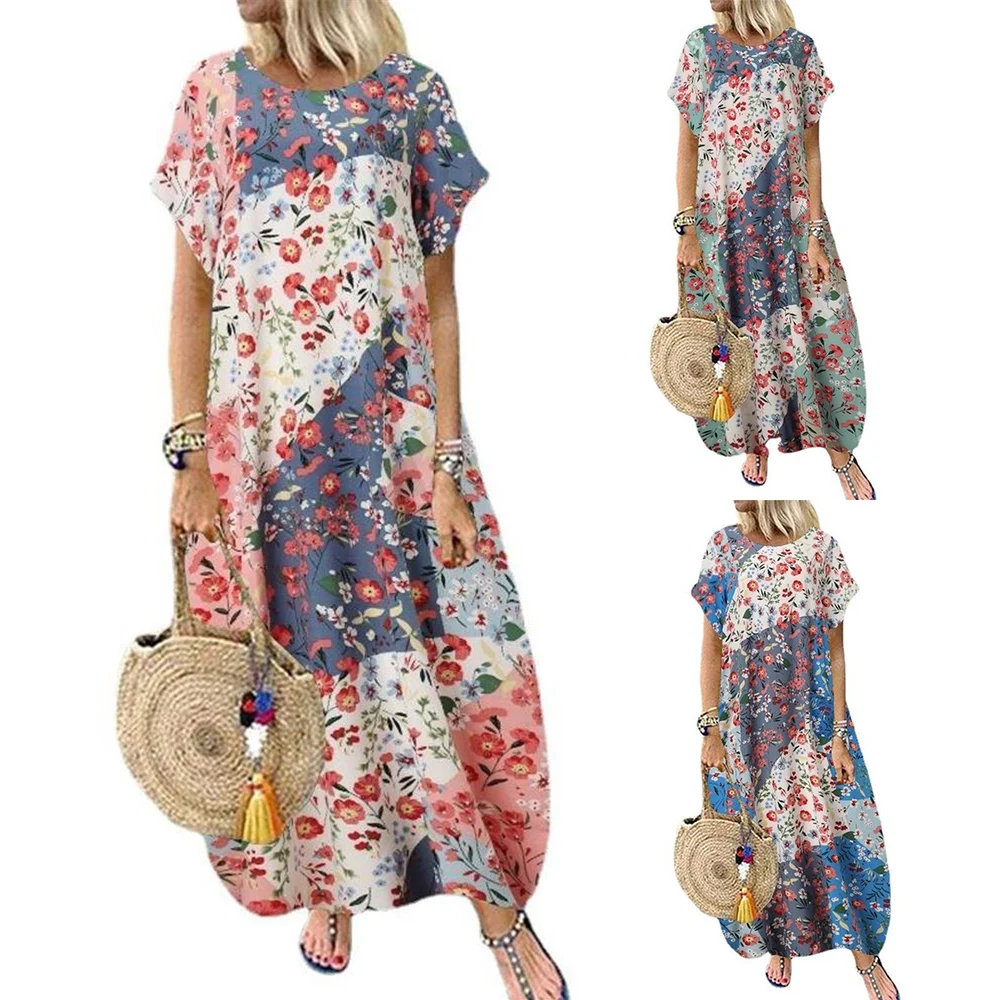 

Maxi Dresses for Women Summer Floral Print O Neck Short Sleeve Boho Long Dress Women Clothing Beach Holiday Vestido Feminino