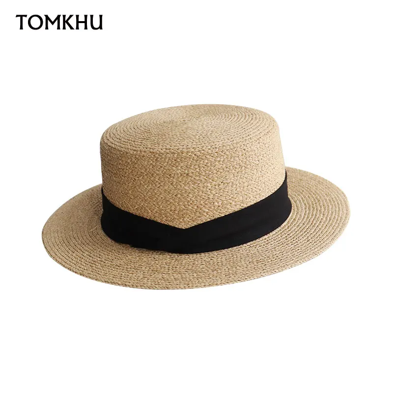 

Elegant Wide Brim Boater Cap Summer Raffia Hat Female Straw Sun Hats Flat Straw Fedoras Derby with Interchangeable Colored Bands