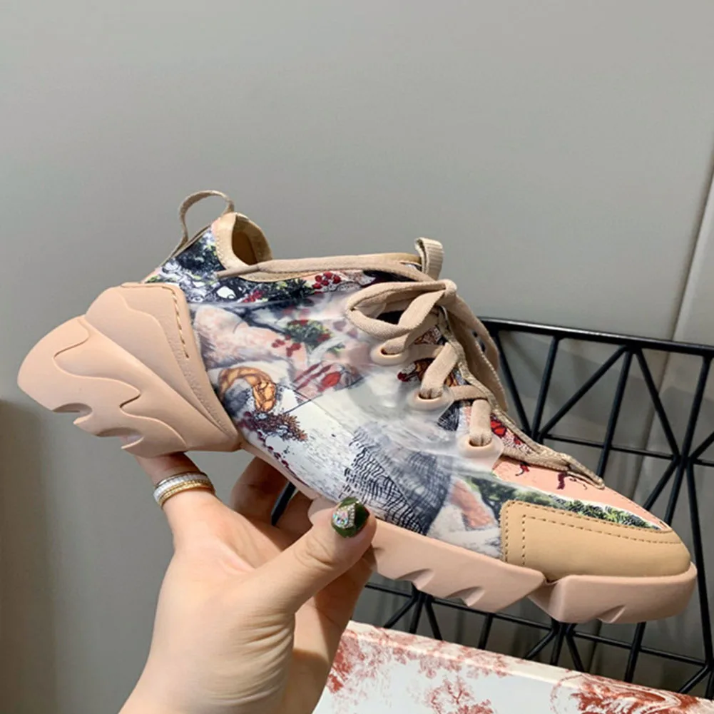 

Luxury Brand Design INS Hot Sale Mesh Sneakers Print Cosy Chunky Heels Multicolor Stylish Women Shoes Lace-up Leather Shoes