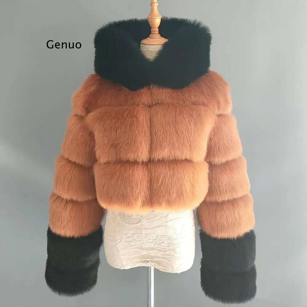 

Winter Women High Quality Fluffy Faux Fur Coat Women's Winter Coat with Hat Fox Fur Stitching Color Matching Fur Coat