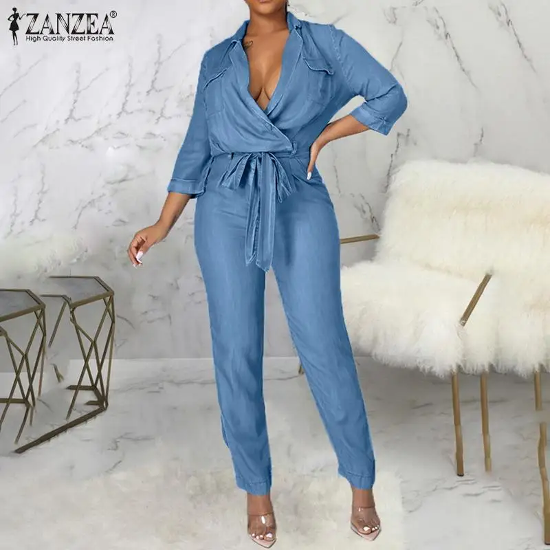 

Lapel 3/4 Sleeve Office Rompers 2021 Fashion Women Casual Sexy Jumpsuits ZANZEA Autumn Belted Denim Cowboy Playsuit OL Bodysuits