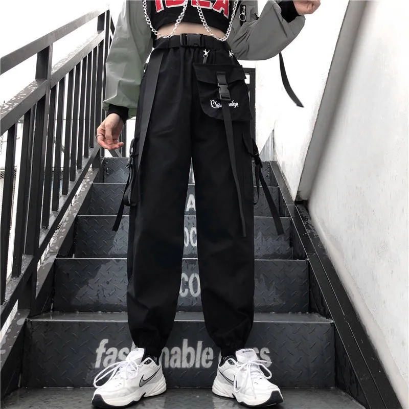 Модные осенние черные брюки женские свободные в стиле хип хоп комбинезоны с