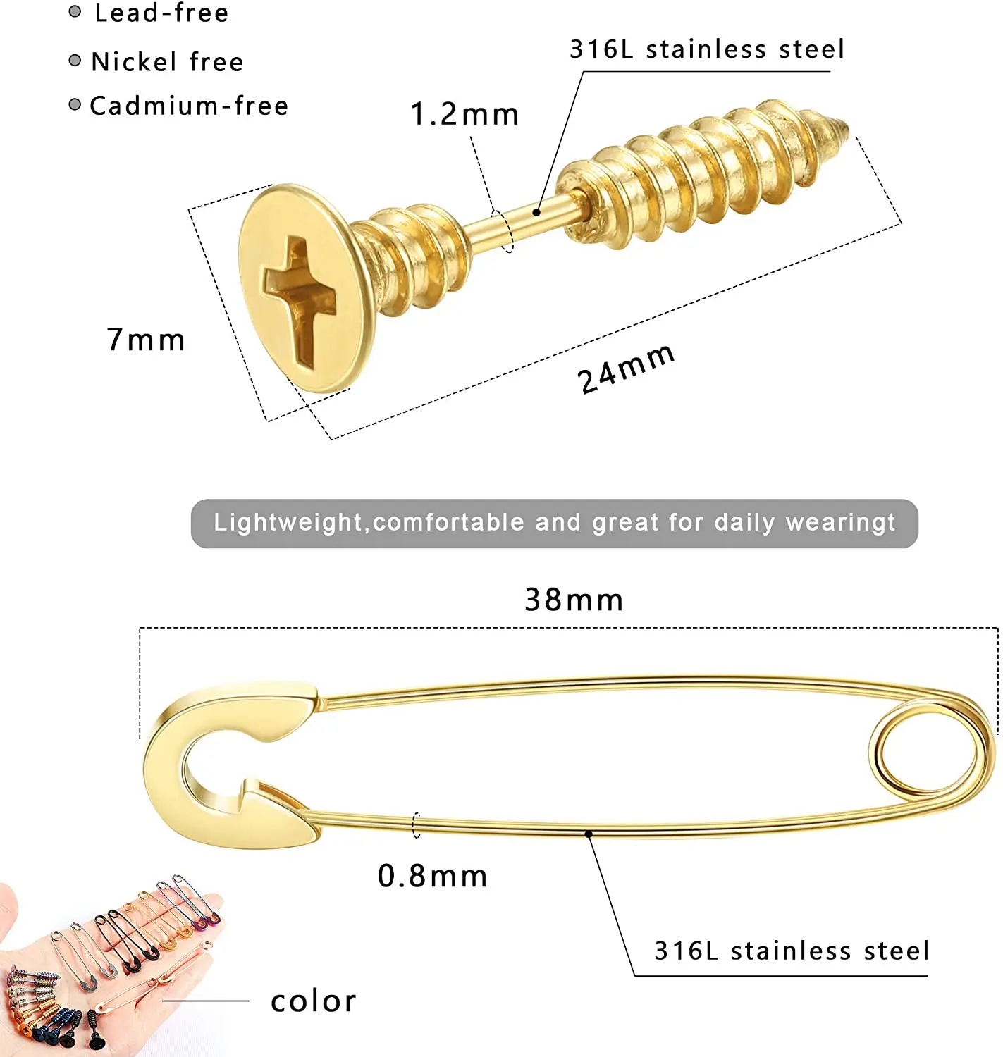 

1 Pair Stainless Steel Men Unisex Stud Earrings Punk Goth Hip Hop Style Spike Cross Screws Safety Pin Hoop Earrings Set Earrings