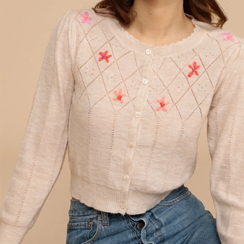 

2021 Autumn Women Knitted Sweater Floral Printed Embroidery O-Neck Single Breasted Long Sleeve Slim Ladies Knit Cardigan