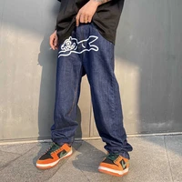 flying dog print straight loose jeans mens retro high street oversize casual denim trousers harajuku washed hip hop jean pants