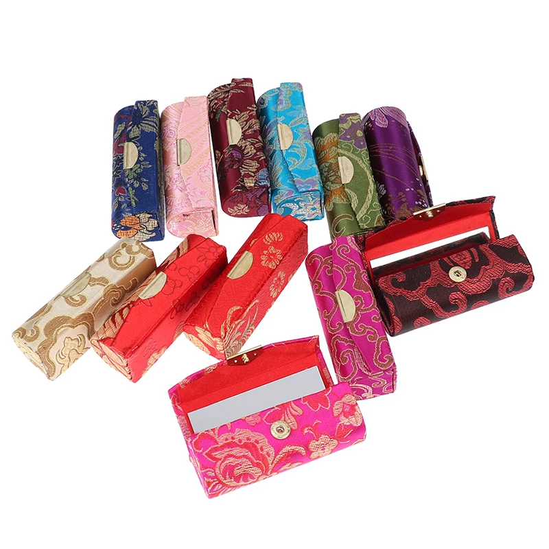 

1PCS Mini Mirror Lip Gloss Box Jewelry Holder Portable Retro Embroidered Flower Designs Lipstick Case Makeup Storage