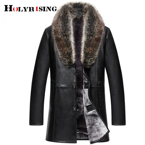 Holyrising, мужское кожаное пальто с натуральным животным меховым воротником, пальто из искусственной кожи, теплое утепленное Мужское пальто с мехом 19001-5 - Цвет: Черный