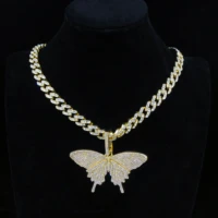 cuban link chain necklaces for women charm butterfly pendant iced out chain crystals 12mm gold choker pendants and necklaces