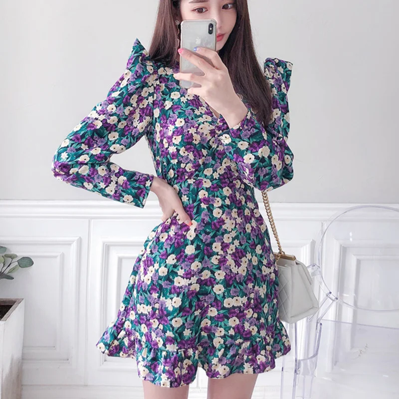 

Spring Fashion Long Sleeve Dress 2021 Summer Elegant Women Vintage Floral Boho Beach Mini Dress V-neck Party Dress Vestidos