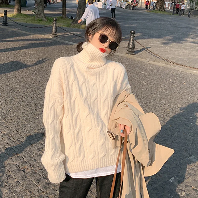 

White turtleneck sweater women's autumn and winter 2021 new thickened loose outer wear lazy coat fashion