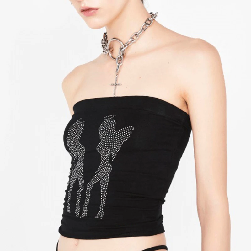 Summer 2020 Angel Devil Rhinestones Crop Tube Top Women Sexy Strapless Skinny Tops Tees Punk Harajuku Girls Street Bandeau | Женская