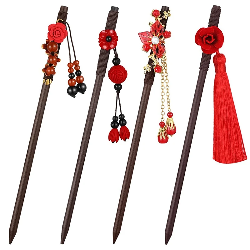 

4 Pieces Retro Wooden Hairpin Japanese Chinese Hair Stick Vintage Flower Hair Chopsticks Handmade Wooden Hair Stick