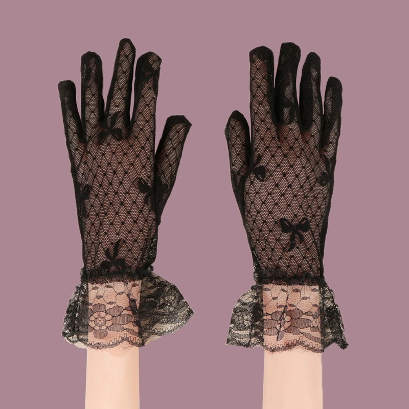 

LXAE Ladies Elegant Black Mesh Short Gloves Bowknot Jacquard Ruffles Floral Lace Wedding Party Sunscreen Full Finger Mittens