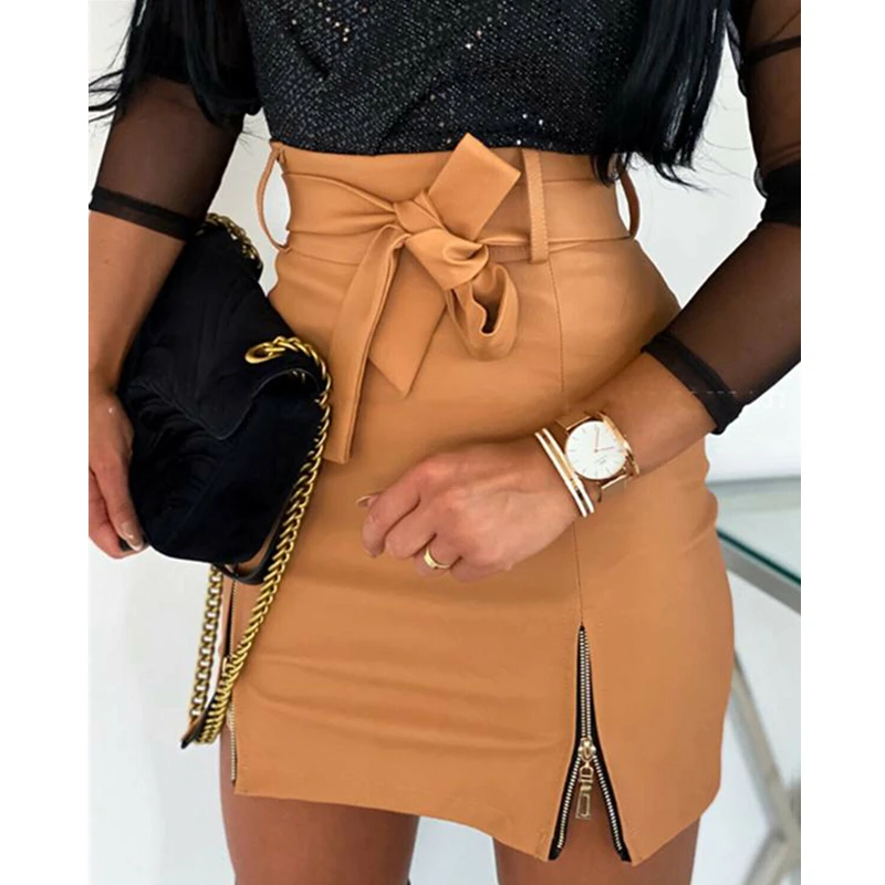 Сексуальная Женская Черная облегающая юбка-карандаш из искусственной кожи