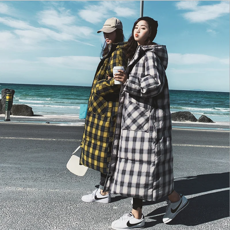 College Style Korean Style Loose Thick Quilted Lattice Zipper Button Bread Jacket Female Long Section 2021 Winter New Style