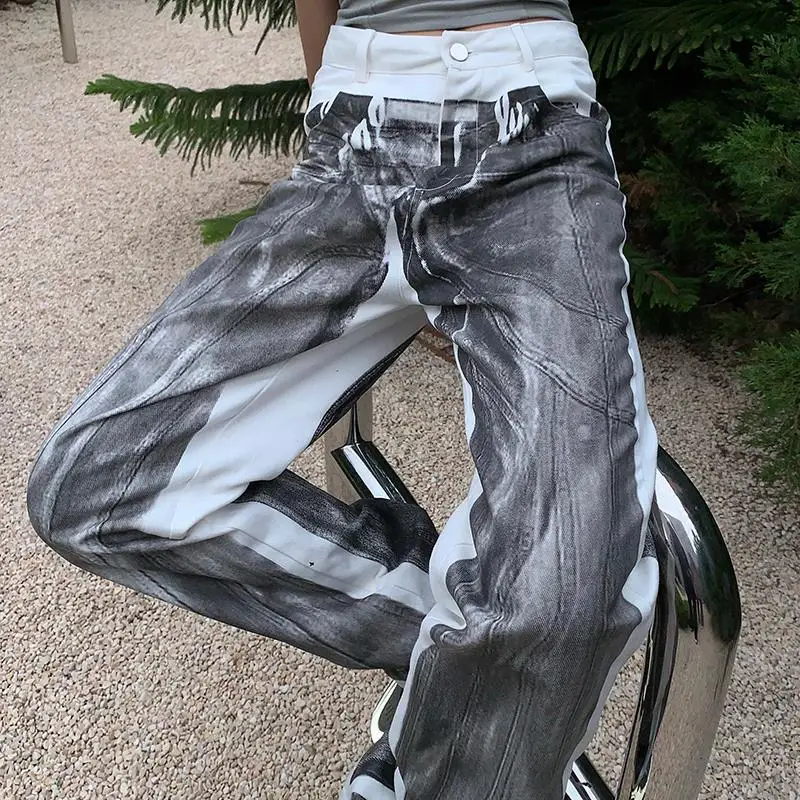 

Large Size Tie-dye Denim Straight-leg Pants Women's Loose High-waisted Thin Gray Wide-leg Long Pants Women Plus Size Jeans