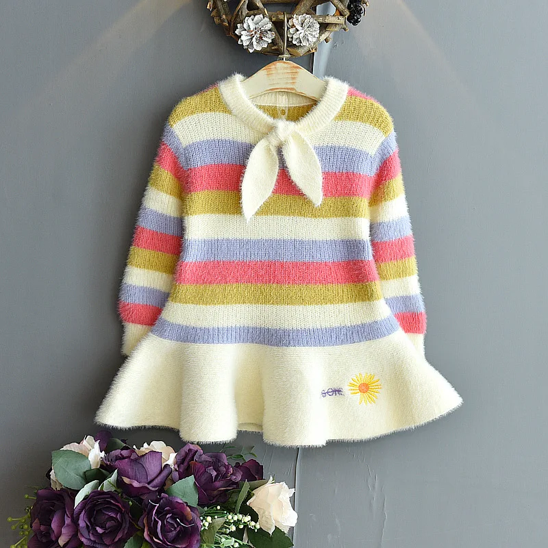 

Girls Dress Autumn Winter Mink Knitted Children Clothes Stripe Sweater Dresses For Girls Long Sleeve Princess Dress vestidos New